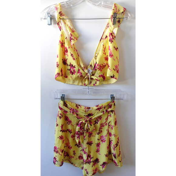 Cami NYC Silk Floral Two Piece Set Womens Small Yellow Pink Bra Top Shorts Boho - Picture 1 of 16